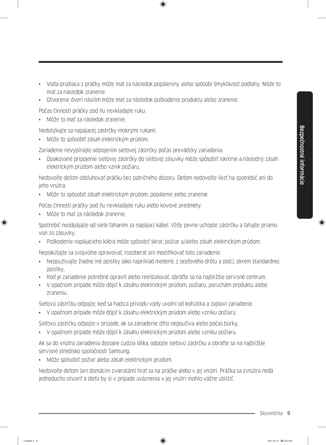 Samsung WW70J5545MW/ZE, WW70J5545DW/ZE, WW80J5545MW/ZE manual Slovenčina 9  